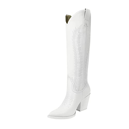 DOBOYG Weiße Western-Cowboystiefel für Frauen, kniehohe Cowgirl-Stiefel, spitze Zehenpartie, bestickt, zum Überziehen, klobiger Absatz, modische Stiefel, weiß-b, 42 EU