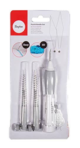 Rayher 69226000 Punch Needle Set, verstellbar, Sticken für Anfänger, Punch Nadeln, 1 Stick-Pen, 3 Sticknadeln, 2 Fädelhilfen