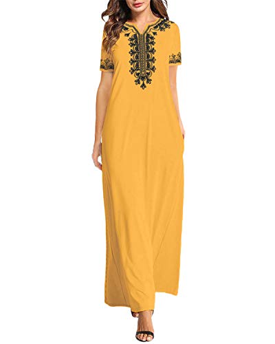 VONDA Sommerkleider Damen Lang Elegant Kurzarm Kleid Stickerei Kaftan Maxikleider Grafik Strandkleid B-Gelb XL