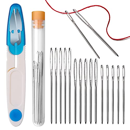 LUCKNIGHT 15 Stücke Sticknadeln Nähnadeln Set, 3 Größen Große Augen Nadeln Stumpfe Nadel, Sticknadeln Ohne Spitze Kommt mit kleinen Röhrchen und Einer Schere für Hand Nähen Handwerk