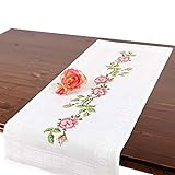 Stickpackung ROSA Rosen, komplettes vorgezeichnetes Kreuzstich Tischdecken Set, Sommer Tischläufer Stickset mit Stickvorlage zum Selbersticken