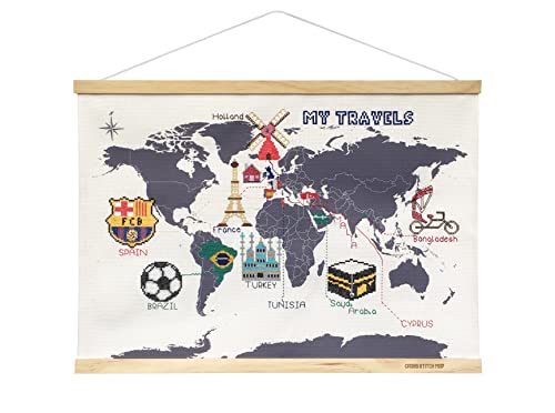 Suck UK Weltkarte zum besticken Kreuzstich Buntes Stickgarn und 2 Nadeln im Lieferumfang enthalten Stickset Sticken Weltkarte Welt Reisen Handarbeit Kurzwaren Stickerei Kreuzstich Tuch