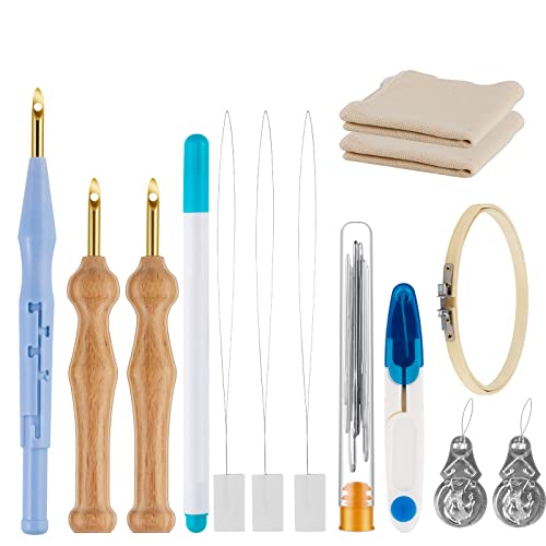 Stickerei Starter kit, Stickgarnituren Verstellbare Garnstanznadel Punch Needle , Stickstift aus Holzgriff, Stanznadeltuch, Nadelfädler, für Handwerk Stitching Applique-Verzierungen Anfänger