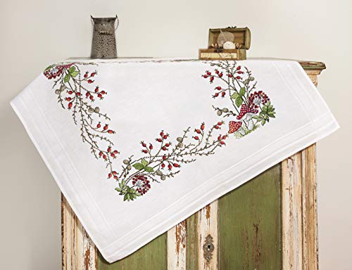 KAMACA Stickpackung Tischdecke FLIEGENPILZ Kreuzstich vorgezeichnet aus Baumwolle Stickset mit Stickvorlage (Mitteldecke 80x80 cm)