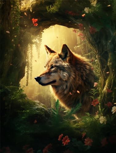 11CT Kreuzstickerei Set bedruckter Stoff, Einsamer Wolf im Wald,I,40 * 50cm DIY Stickerei Simple Entry Set Pre-Print Stickerei für Mädchen Handwerk Artikel Stickerei