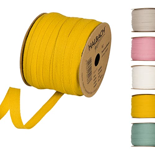 Halbach Seidenbänder Baumwollband 10 mm x 30 m, Bänder zum Basteln als Meterware, Stoffband für Dekorationen, Webband 100% Baumwolle DIY Handwerk, Schrägband Näharbeiten, Farbe: honey yellow, 24500