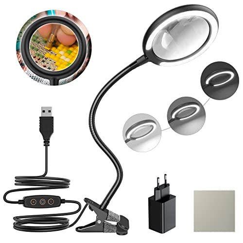 3-Fach Dimmbare Tageslicht-LED Lupenleuchte, Klemmlupe mit 6 einstellbaren Lichteinstellungen für Lesen, Senioren, Hobbys, Basteln