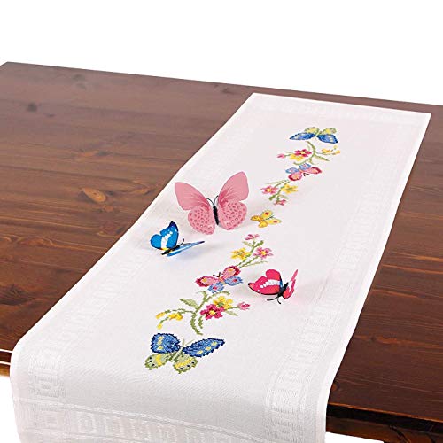 Stickpackung SCHMETTERLINGE, komplettes vorgezeichnetes Kreuzstich Tischdecken Set, Sommer Tischläufer Stickset mit Stickvorlage zum Selbersticken