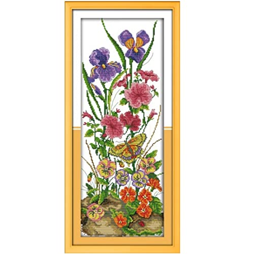 KAROSS DIY Stickpackung Kreuzstich Schmetterlingsblume 28x69cm Kreuzstich-Stickerei DIY Cross Stitch Set Erwachsene Einschließlich mehrsträngiger Baumwollfaden(Ohne Rahmen)