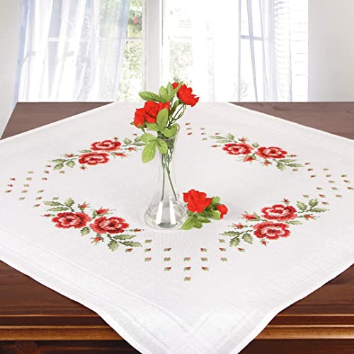 Ernst Schäfer Stickpackung ROTE ROSEN, vorgezeichnetes Kreuzstich Tischdecken Set zum Sticken, Stickset mit Stickvorlage zum Selbersticken, Weiß, 80 x 80 cm