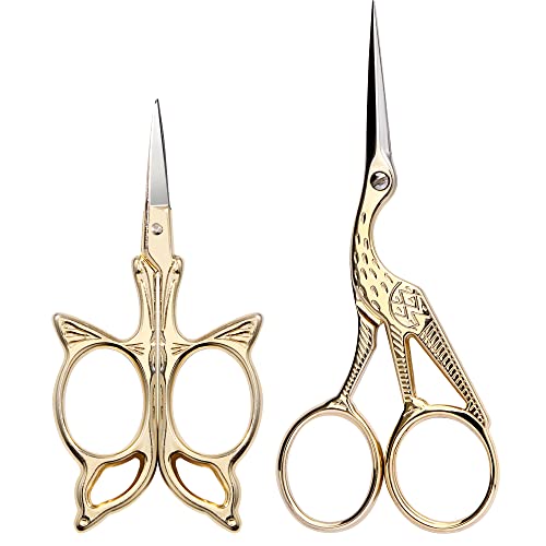 Stickschere Edelstahl Nähschere Vintage Storch Butterfly Schere für Handarbeiten Kreuzstich DIY Basteln Gold 2 Stücke