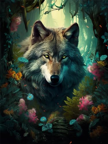 ECUCU Kreuzstich Set Vorgedruckt, Wolf im Wald,C,50 * 70cm 11 CT Kreuzstich Stickpackungen,Vorgedruckt Kreuzstich für Wandkunst-Heimdekoration