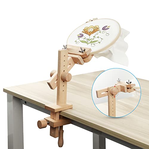 O'woda Stickständer Stickrahmen Holz, 220 Grad Embroidery Stand, Stickständer für Tisch, Stickrahmen Halterung mit 20 cm Stickrahmen, Geeignet Für Studio, Kreuzstich Basteln DIY Nähen