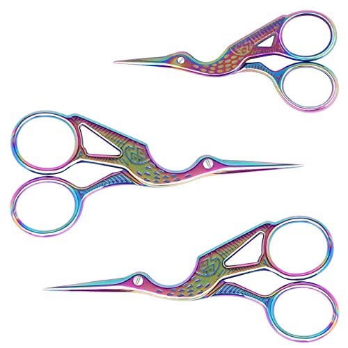 Stickschere, Nähschere mit Kranich Design, Storch Schere mit Scharfer Spitze aus Edelstahl für Stickerei, Handarbeiten, Heimwerken, Basteln und Täglichen Gebrauch, 3er Pack, Bunt