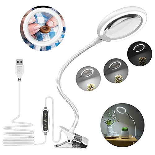 Delixike 3X Lupenlampe mit USB-Klemme, Tageslicht-Clip-Lupenlampe mit Licht, Lupe mit LED zum Basteln, Lesen, Nähen, Hobbys