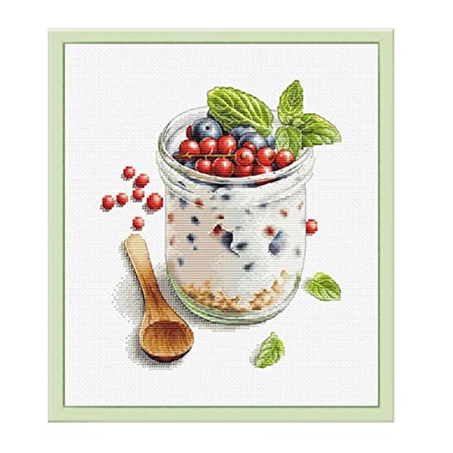 KAROSS Kreuzstich Kit Stickbild Vorgedruckte Blaubeerrote Frucht 34x38cm Kreuzstich Stickpackung DIY Cross Stitch Embroidery Kit Kunsthandwerk(Ohne Rahmen)