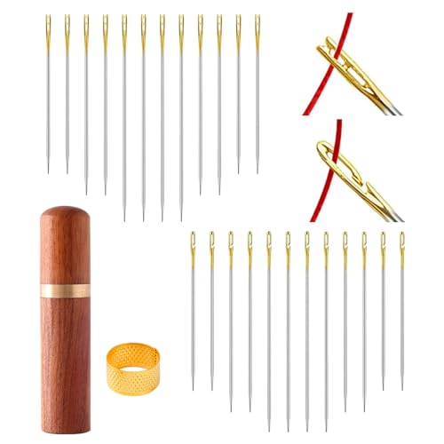 Quelcc 48 Stück Nähnadeln Set, 3 Größen Nähnadeln Ohne Einfädeln, Nähnadeln Selbsteinfädelnd, mit 1 Nadeln Box aus Holz and 1 Fingerhut, Einfaches Einfädeln Nadeln für DIY Stickerei