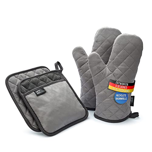 LauterSchutz® Topflappen und Ofenhandschuhe im Set - extra weiche, waschbare & recyclete Baumwolle [Hitzebeständig bis 250°C] Topfhandschuhe zum Kochen & Backen (Grau)