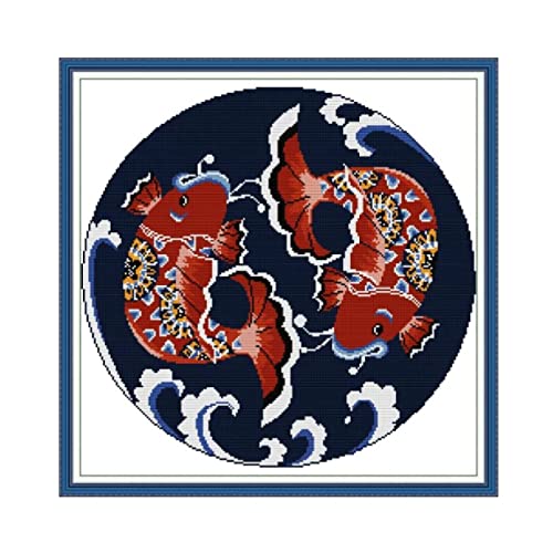 KAROSS Stickpackung Kreuzstich Stickerei Koi-Karpfen 60x60cm DIY Handarbeit Stickpackung Set Einschließlich mehrsträngiger Baumwollfaden(Ohne Rahmen)