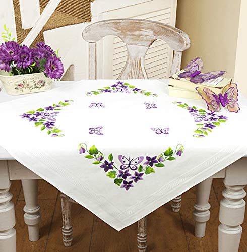 KAMACA Stickpackung Tischdecke SCHMETTERLINGE + BLUMEN Stielstich Plattstich Nadelmalerei vorgezeichnet aus Baumwolle Stickset mit Stickvorlage (Mitteldecke 80x80 cm)