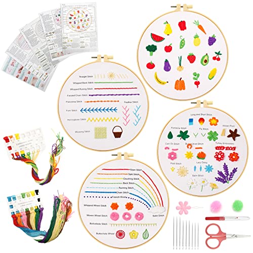 EEEkit 4er-Pack Stickset für Anfänger, Stick-Starter-Set zum Erlernen von 30 verschiedenen Stichen Muster,Stickstich-Übungsset mit Muster,Stickrahmen und Werkzeugen für Anfänger,Bastelliebhaber