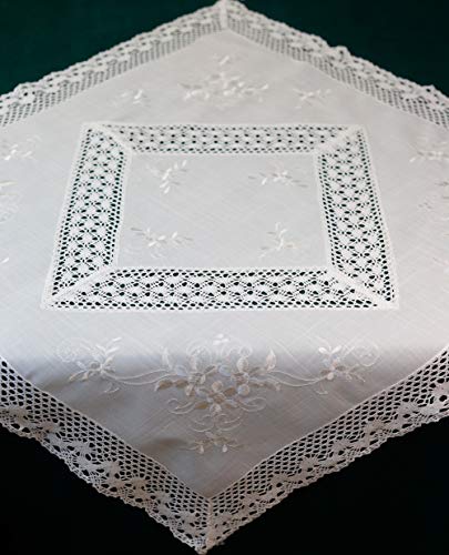 T&K Tischdecke Bestickt 80x80 Hohlsaum Spitze weiß Wohnzimmerdecke gehäkelt Häkelspitze des. GB008 (80x80)