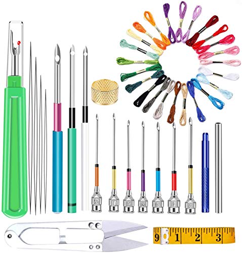 Stickerei Punch Nadeln Set für Anfänger, Stickgarn Set, 10 Stücke Punch Nadeln Stickerei Pen mit 24 Farben Stickgarn, Schere, Einfädler und Andere...