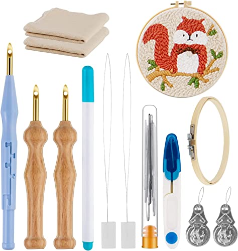 Stickerei Starter kit, Stickgarnituren Verstellbare Garnstanznadel Punch Needle , Stickstift aus Holzgriff, Stanznadeltuch, Nadelfädler, für Handwerk Stitching Applique-Verzierungen Anfänger