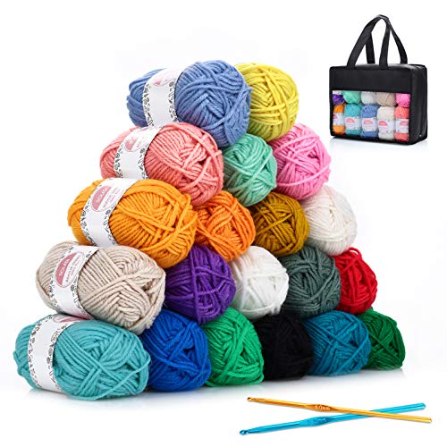 SOLEDI Große Acrylwolle Set, Wolle Zum Häkeln und Stricken 25g/50m x 20 Farben (Dickes Garn aus 100% Polyacryl, mit 2 Häkeln, Nadelstärke: 4-5), Amigurumi Wolle Set für Anfänger, Pflegeleichtes