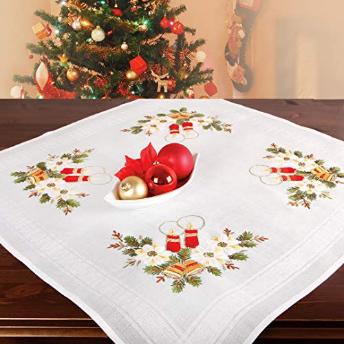 Stickpackung KERZEN, Tischdecken Set vorgezeichnet zum Sticken, Stickset mit Plattstich und Stielstich zum Selbersticken zur Adventszeit und Weihnachten