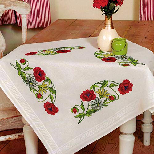 KAMACA Stickpackung Tischdecke Mohnblumen Kreuzstich vorgezeichnet aus Baumwolle Stickset mit Stickvorlage (Mitteldecke 80x80 cm)