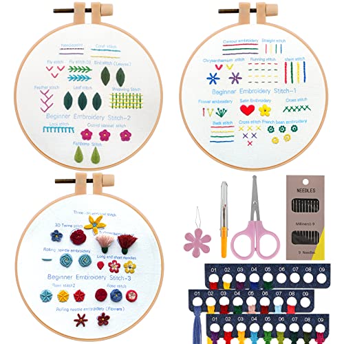JSRQT 3 Stück Stich Praxis Stickerei Kit für Anfänger, Verschiedene Stiche Stickerei Set,Embroidery Stitch Practice Kit für DIY Kunst, Handwerk