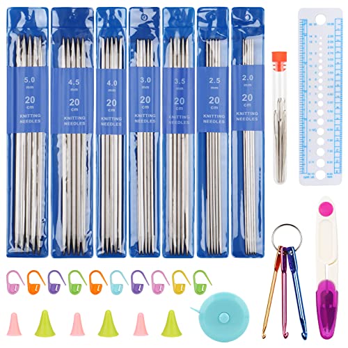 Coopay Stricknadeln Set, 35 Stück Edelstahl Doppelspitzen Stricknadel mit Strickzubehör, 20 cm Metall Nadelspiel Set 2,0-5,0 mm, Kurze Gerade Stricknadeln für Socken und Kleine Projekte