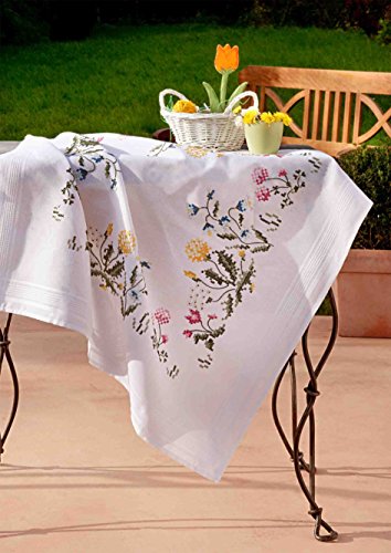 Stickpackung DEKORATIVE BLUMENWIESE Stickdecke 80x80 Kreuzstich vorgezeichnet aus 100 % Baumwolle Stickset mit Stickvorlage