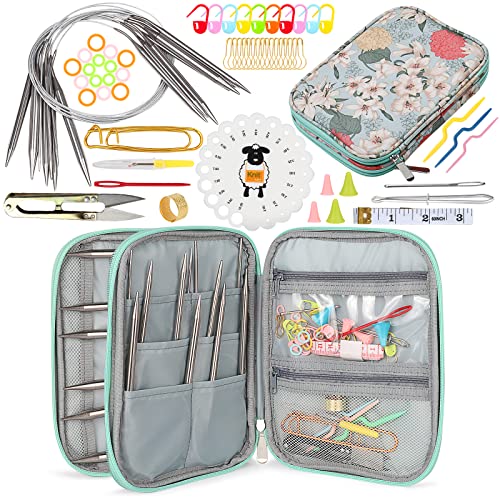 Coopay Edelstahl Rundstricknadel Set mit Etui, 9 Stück Rundstricknadeln 80cm mit Nadellehre und Häkelzubehör, 2,5 - 10 mm Stricknadeln Rundstricknadel Set für Anfänger & Erwachsene, Stricker Geschenk