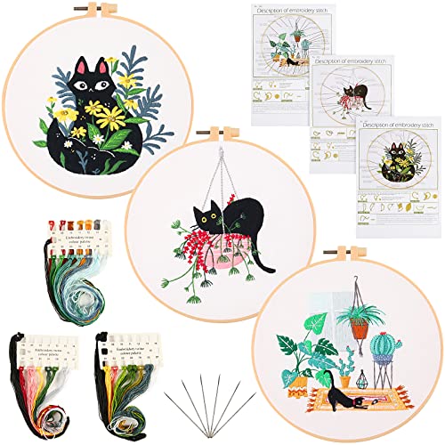 XiYee 3 Stück Stickerei Starter Kit mit Muster und Anleitung, Anfänger Stickerei Set Stickerei Set, DIY Handgemachte Kreuzstich Set für Handwerk, Nähen (Katze und Pflanze)