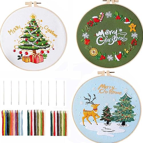 PAIKIUU Weihnachts-Stickset, Kreuzstich-Set für Anfänger und Erwachsene, 3er-Pack Stick-Starter-Set, Weihnachts-Stickmuster, handgefertigte Kits-Set mit Weihnachtsbaum-Elch-Muster