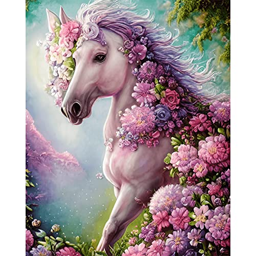 QENSPE 5D Diamond Painting Set Weißes Pferd Diamant Painting Bilder Blumen Tier Diamond Art Erwachsene Full DIY Diamant Kunst Malerei Stickerei Set Kreuzstich Bilder Home Wand Dekor 30x40cm