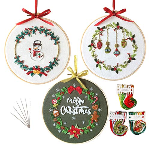 3 Sets Stickerei-Starter-Set mit Weihnachtsmuster, Kreuzstich-Set für Anfänger, komplette Palette von geprägten Sticksets mit 3 Stickmustern, 1 Stickrahmen und Farbfäden (Weihnachten2)