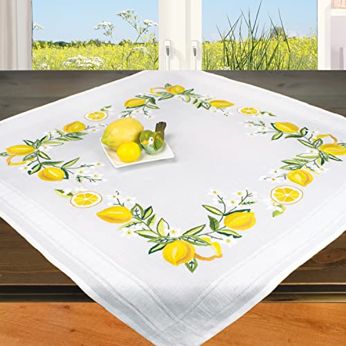 Stickpackung ZITRONEN, Tischdecken Set vorgezeichnet zum Sticken, Sommer Stickset mit Plattstich und Stielstich zum Selbersticken