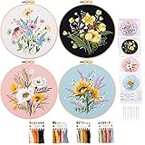Stickerei Set Anfänger, 4 Stück Blumen Stickerei Set Erwachsene Kreuzstich Vorgedruckt, Kreuzstich Starter Kit mit Muster, 4PCS Stickrahmen, Farbfäden und Werkzeuge, für DIY Kunst Handwerk Nähen