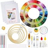 Pllieay Stickerei Set, Kreuzstich Starter kit mit Anleitung, 5 Bambus-Stickrollen, 100 farbige Fäden, 3 Aida-Tücher und Kreuzstich-Werkzeug-Set zum Nähen