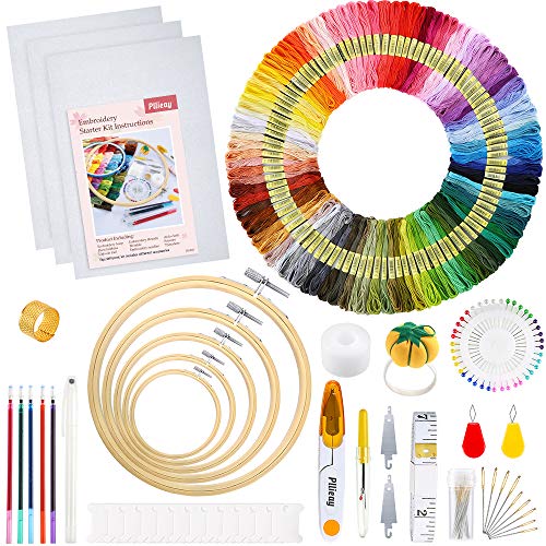 Pllieay Stickerei Set, Kreuzstich Starter kit mit Anleitung, 5 Bambus-Stickrollen, 100 farbige Fäden, 3 Aida-Tücher und Kreuzstich-Werkzeug-Set zum Nähen