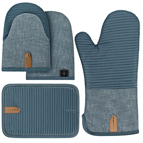 BONTHEE Ofenhandschuhe Hitzebeständige Topflappen Set Mini-Ofenhandschuhe Topfhandschuhe mit Anti-Rutsch Silikon Gestreift kochhandschuhe für Kochen Backen - 4er Set - Blau