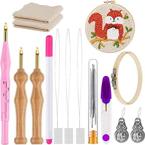 Stickerei Starter kit, Stickgarnituren Verstellbare Garnstanznadel Punch Needle , Stickstift aus Holzgriff, Stanznadeltuch, Nadelfädler, für Handwerk Stitching Applique-Verzierungen Anfänger(Rosa)