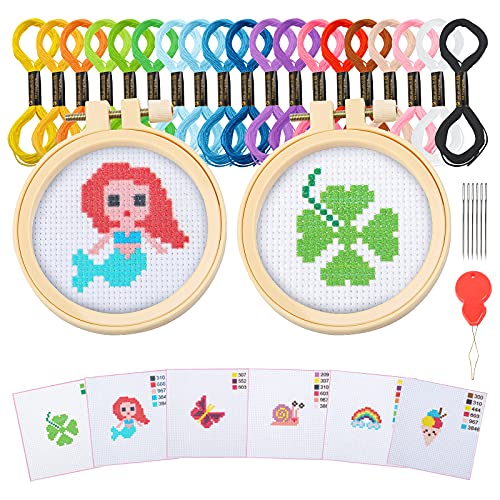 Cutefly Stickerei Set, Kinder Kreuzstich Set Kreuzstich Kits für Kinder Erwachsene Anfänger enthält 6 Projekt-Kreuzstichmuster und 2 Stickrahmen Ring für DIY Kunst, Handwerk, Nähen