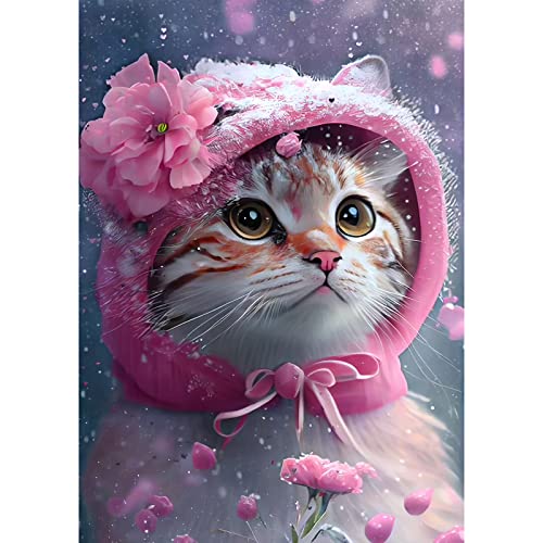 QENSPE 5D Diamond Painting Katze Blumen Diamant Painting Bilder Rosa Hut Diamond Art Erwachsene Full DIY Diamant Kunst Malerei Stickerei Set Kreuzstich Bilder Home Wand Dekor 30x40cm