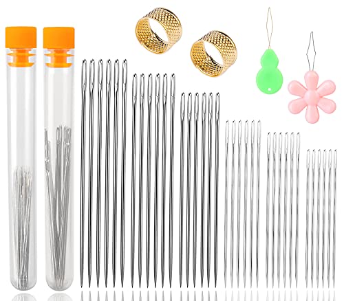 Stricknadeln Set, 36 Stück große Ösen-Nähnadeln, 6 Größen Handnähnadeln mit 2 Stück Nadelaufbewahrungsrohr, Einfädler, Fingerhut, große Ösen-Sticknadel zum Nähen