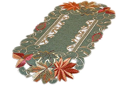 Tischdecke 30 x 70 cm oval Leinenoptik grün Stickerei Blätter Terrakotta Beige (Tischläufer 30x70 cm oval)