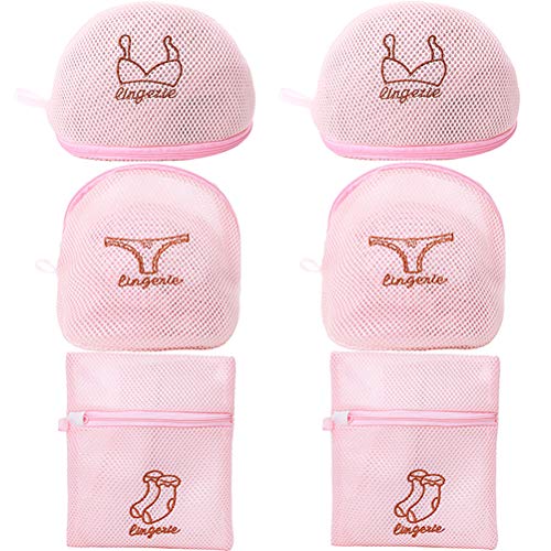 BH Wäschenetz für Waschmaschine Wiederverwendbare Wäschesack, Reisen, Aufbewahren, Wäschebeutel aus Netzstoff Polyester, Waschbeutel mit Reißverschluss, 6er Set (2x BH, 2x Dessous, 2x Socken) Rosa